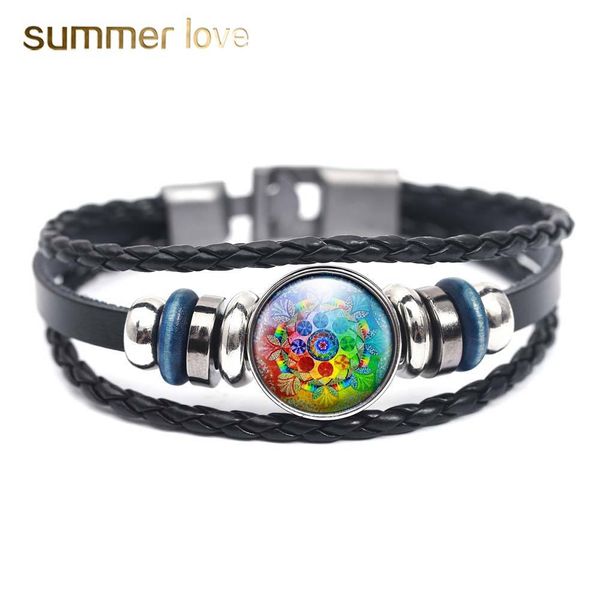 Patrón de flores de mandala hecho a mano Cúpula Pulsera de cuero plateada estrellas para mujeres Símbolo multicapa Yoga Budismo Pulsera de vidrio Joyería de moda