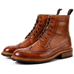 Bottes d'hiver en cuir véritable pour hommes, chaussures Brogue faites à la main, confortables, plates, de qualité, marron, à lacets