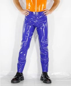 Leggings de latex pour hommes faits à la main pantalon en caoutchouc en jean bleu masculin avec couleur personnalisée de poche