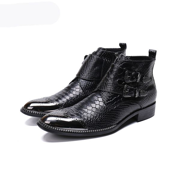 Bottes courtes pour hommes faites à la main en métal pointe orteil bottes courtes en cuir noir travail masculin, bottes de Cowboy de sécurité hommes botas hombre boucle