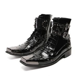 Bottines occidentales faites à la main pour hommes, bottes de Cowboy noires en cuir véritable, chaussures à bout carré en métal avec boucle, à lacets