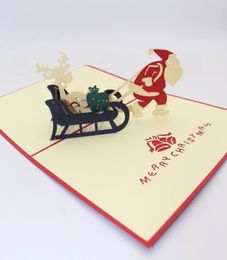 Handgemaakte Vrolijke Kerst Creatieve 3D Pop UP Wenskaarten Cartoon Kerstman Rit Papieren Kaart Feestelijke Feestartikelen3495764
