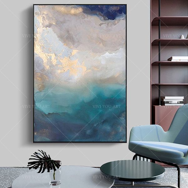 Handmade moderne abstrait or gris blanc ciel marincape de mer texturée grande peinture abstraite, peinture sur toile. Extra grande peinture LJ201128