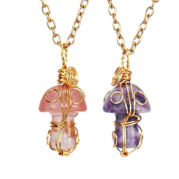 Colliers pendentifs en agate de cristal naturel faits à la main en gros collier de champignon d'oeil de tigre d'agates de pierre enveloppée de fil pour les femmes Reiki Healing Gemstone Cartoon Jewlery