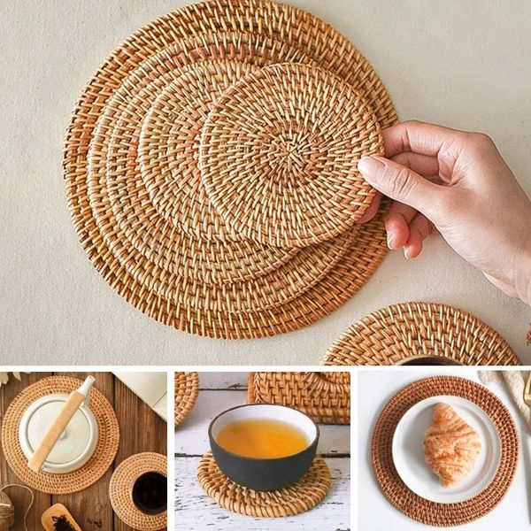 Tapis de sous-verres en rotin naturel faits à la main pour boissons soucoupes Boho en osier réutilisables résistantes à la chaleur dessous de plat rond en paille pour tasse de thé