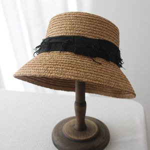 Nouveaux chapeaux de paille élégants faits à la main, protection solaire en raphia, casquettes tressées pour femmes, chapeau seau à large bord