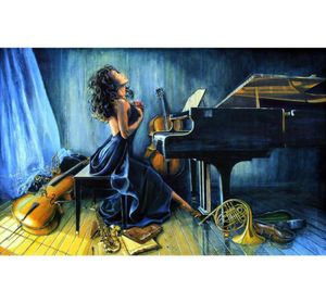 Peintures à l'huile faites à la main fille jouant du piano guitare musique Portrait art sur toile pour la décoration de la chambre moderne bleu de haute qualité 8593276