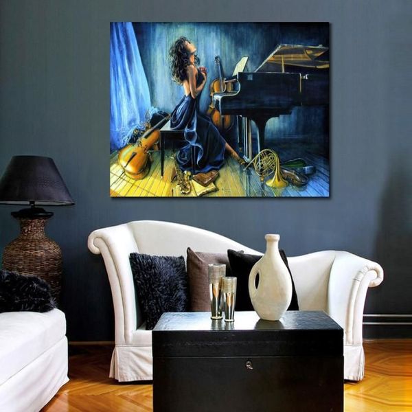 Peintures à l'huile faites à la main fille jouant du Piano guitare musique Portrait Art sur toile pour la décoration de la chambre moderne bleu de haute qualité 298p