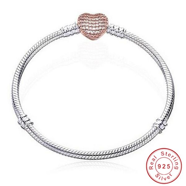 Fait à la main Original 100% 925 argent en forme de coeur serpent chaîne bracelet à breloques pour femmes marque bracelet bijoux à bricoler soi-même faisant cadeau