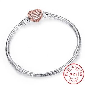 Handgemaakte originele 925 Sterling Silver Snake Chain armband Secure Heart Clasp Beads Charms armbanden voor vrouwen mannen DIY sieraden