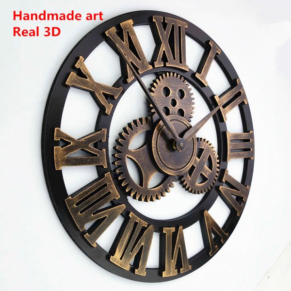 Fait à la main surdimensionné 3D rétro rustique décoratif art de luxe grand engrenage en bois vintage grande horloge sur le mur pour cadeau 20 pouces Y200407