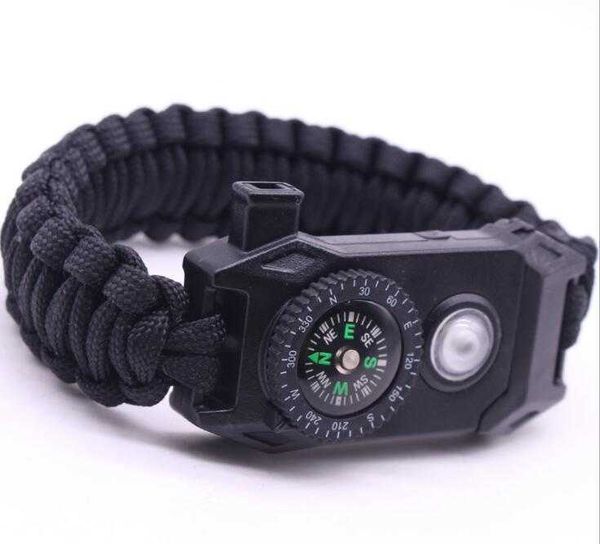 Cuerda de paracaídas hecha a mano Pulseras de supervivencia con brújula de cuerda de escape Luces de lámpara de antorcha led Pulsera de ciclismo de bicicleta Herramienta de pulsera de rescate SOS