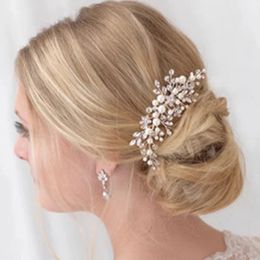 Peigne à cheveux de mariage en perles et perles faites à la main, couvre-chef de mariée en cristal or rose pour femmes, bijoux de cheveux