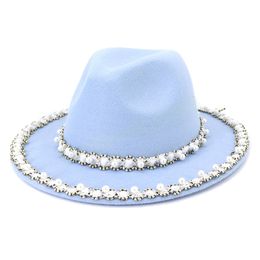 Handgemaakte parels Decoratie Nieuwe vilt Wool Wide Bim Top Fedora Hat Winter herfst Elegante bruiloft Panama Jazz Caps For Woman