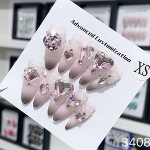 Faux ongles roses faits à la main Y2k, design coréen de luxe en amande, adhésif réutilisable, couverture complète, pointes d'ongles, manucure artificielle 240129