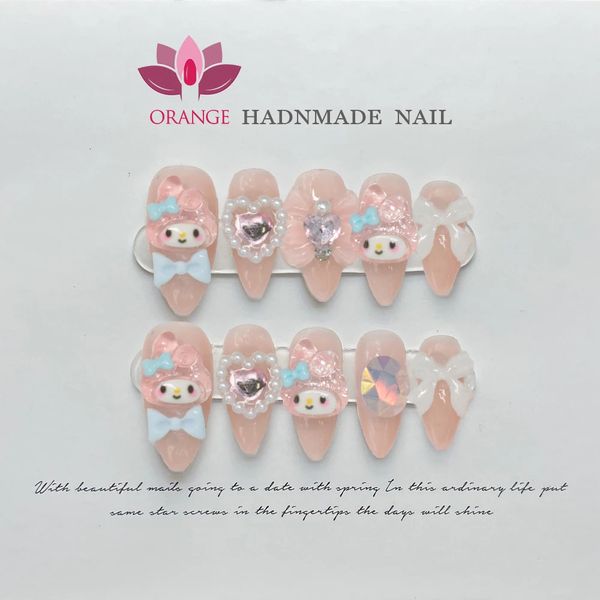 Handmade Pink Press On Nails Lindo Corea Decoración reutilizable Ups Fal Full Cover Full Manicuree Usable Orange Nail Store 240411