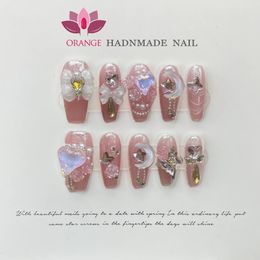 Handgemaakte roze pers op nagels medium decoratie Y2k nepnagels volledige dekking kunstmatige manicure draagbaar oranje nagelwinkel 240201