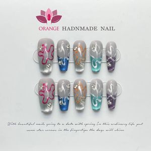 Handgemaakte pers op nagels Medium Cool Herbruikbare decoratie Nepnagels Volledige dekking Kunstmatige manicure Draagbaar Oranje nagelwinkel 240201