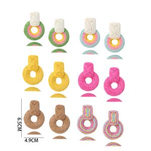 Boucles d'oreilles rondes en raphia faites à la main pour femmes filles Boho tissé cercle de paille Dangle Drop rotin oreille bijoux Chakra guérison Yoga bijoux