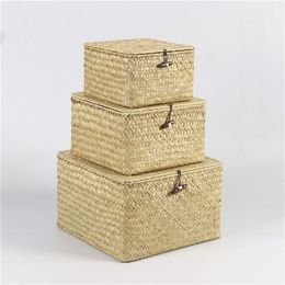 Handmade Rattan Storage Box With Lid Hand woven Jewelry Box Wicker Makeup Organizer Food Container Storage Boxes Bins 210330