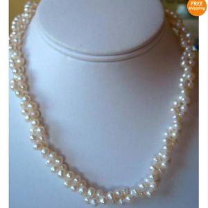 Bijoux en perles véritable fait main, collier de perles d'eau douce de culture blanches torsadées 2 brins 17 pouces, livraison gratuite