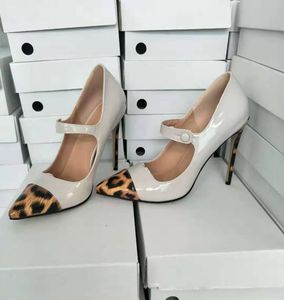 Handgemaakte echte foto's Dames Stiletto Hoge Hakken Jurk Schoenen Mary Janes Patchwork Lederen Puntschoen Avondfeest Prom Fashion Court Pumps White Leopard D753-13