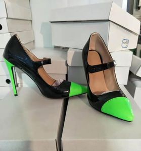 Handgemaakte echte foto's dames stiletto hoge hakken jurk schoenen mary janes patchwork lederen puntige-teen avondfeest Prom mode hof pompen zwart groen D753-1