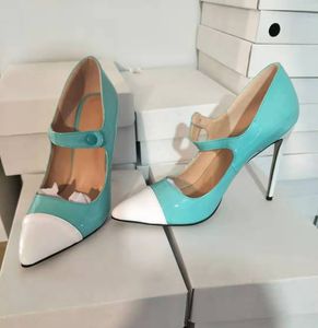 Handgemaakte echte foto's dames stiletto hoge hakken jurk schoenen mary janes patchwork lederen puntige-teen avondfeest Prom mode hof pompen blauw wit D753-5