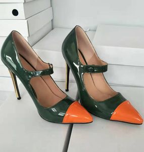 Handgemaakte echte foto's Dames Stiletto Hoge Hakken Jurk Schoenen Mary Janes Patchwork Lederen Puntschoen Avondfeest Prom Fashion Court Pumps Green Orange D753-8