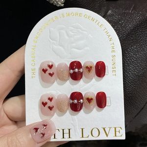 Ensemble d'ongles rouges faits à la main, appuyez sur les faux ongles courts en forme d'étoile coréenne avec de la colle, peinture à la main, acrylique, couverture complète, pour filles 240129