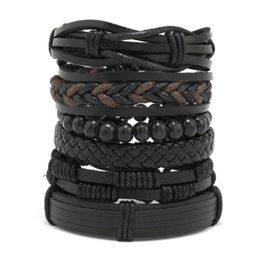 Cuerda hecha a mano de cuero trenzado multicapa de madera con cuentas pulseras con dijes conjunto de joyería brazalete masculino ajustable