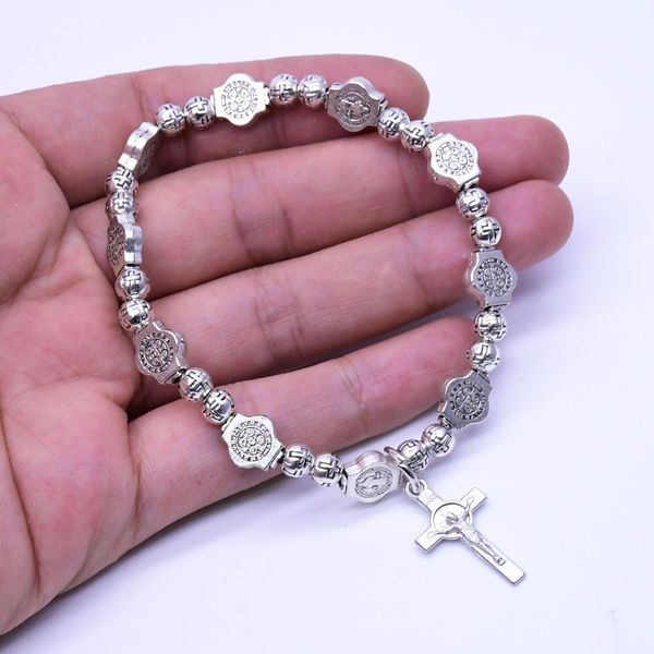 Bracelet chapelet fait à la main en métal élastique, perles rondes en alliage de Rose, Images de saints catholiques, Bracelets de prière