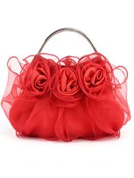 Handgemaakte Rose Floral Hand Bag Ruffles Organza Wedding Bridal Prom Evening Party Koppeling Handtas Lady Purse Peach Red Silver Purple 7150516