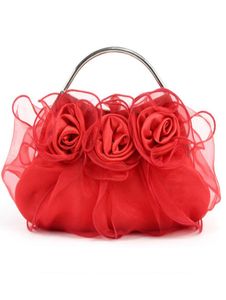 Handgemaakte Rose Floral Hand Bag Ruffles Organza Wedding Bridal Prom Evening Party Koppeling Handtas Lady Purse Peach Red Silver Purple 7150516