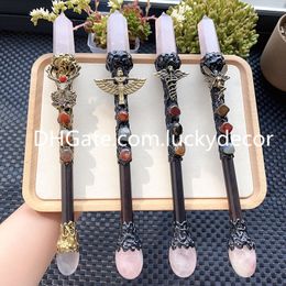 Handgemaakte Rose Quartz Hoge frequentie Magic Wand Crafts Reiki Meditatie Energie Clearing Tool Natural Pink Crystal Gemstone Chakra Agaat kralen Resin Warlock Scepter