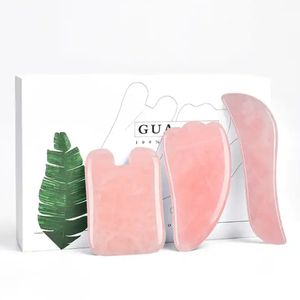 Cuarzo de rosas hechas a mano Jade Gua Sha Herramientas Conjunto con caja de regalo Crystal Guasha Guasha Massaging Herramienta de masaje Kits de cuidado de la piel de piedra