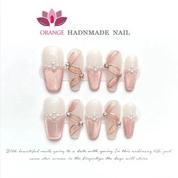 Handmade Sell Press On Nails Cats Eye Diseño de uñas falsificantes reutilizables Manicure Manicuree Naranja portátil Wearling 240411