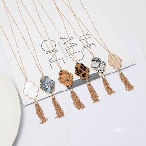 Handgemaakte Shell Leopard Print lederen bloem hanger 70cm lange ketting trui ketting met metalen kwastje