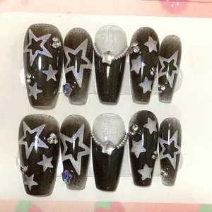 Handgemaakte glanssterren Y2K Press on Nails Glitter Rhinestone Fake Nail met lijm herbruikbare korte kist stiletto valse nagels tips 240425