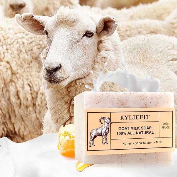 Jabón hecho a mano Kyliefit Barra de jabón de leche de cabra 100% Limpieza de iluminación natural Hidratando con miel Bitina de karité 200g/ 7 oz 240416