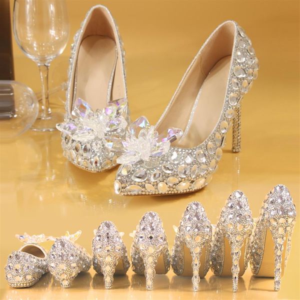 Fait à la main scintillant bout pointu diamant paillettes robe de mariée chaussures pompes talon aiguille fête Pageant chaussures de mariée soirée bal Gues223o