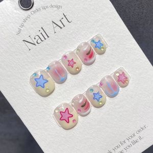 Handgemaakte ster Koreaanse pers op nagels kort schattig acryl herbruikbare zelfklevende kunstnagels volledige dekking nagels tips handverf nagelkunst 240129