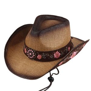 Handgemaakte Stro Weven Borduurwerk Bloemen Western Cowboy Hoeden Voor Mannen Vrouwen Mannen Zomer Ademend Cowgirl Strand Zonnehoed