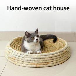 Maison en paille tissée à la main, griffoir rond, lit de paille universel quatre saisons pour chat, jouet résistant à l'usure, canapé pour chat