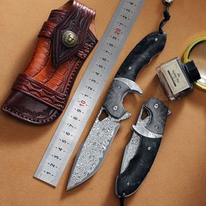 Handgemaakte tactische damascus vouwpocket pocket mes hoge hardheid vg10 outdoor camping overlevingsmessen cultery met echte lederen schede