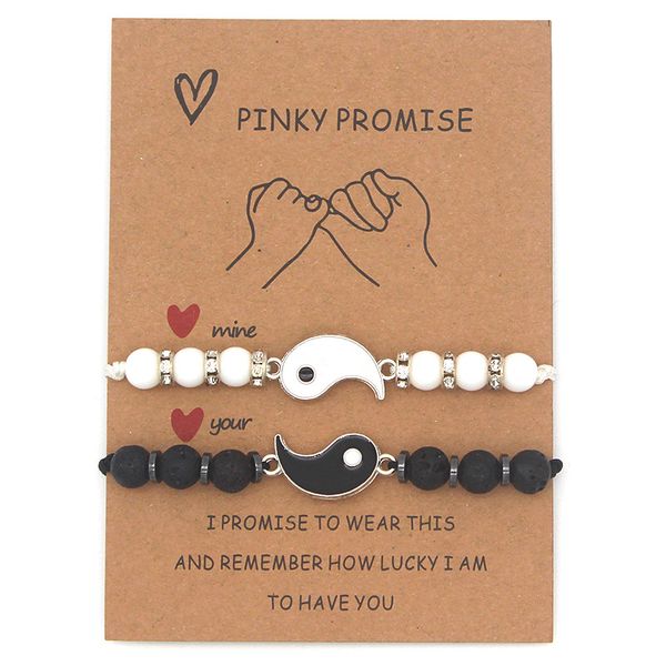 Pulsera de cuentas de pareja tejida hecha a mano de Tai Chi Yinyang para amantes, pulseras de dijes ajustables en blanco y negro, joyería de cadena de mano con tarjeta de deseos, bonito regalo, 2 unids/set