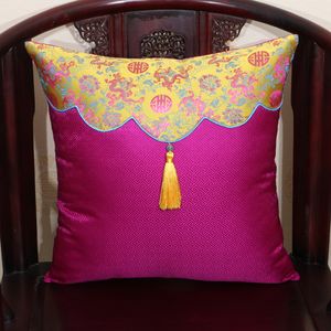 Handgemaakte Kwastje Vintage Chinese Zijde Kussen Cover Sofa Stoel Decoratieve Kussens Kantoor Home Lumbar Pillow Patchwork Satijn Kussensloop