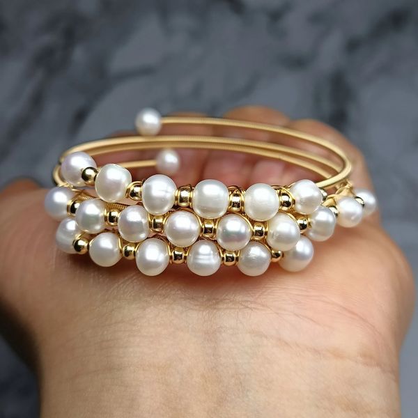 Bracelet de perles d'enroulement à trois cercles fait à la main en or 14 carats, design rempli de perles baroques naturelles, bracelet Vintage de luxe, bijoux pour femmes 240319