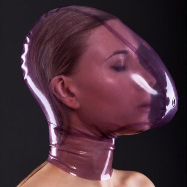 Masque en latex transparent fait à la main avec trou de contrôle de la respiration Capuche sexy en latex naturel de haute qualité Masque zippé au dos 261G