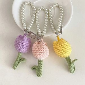 Llavero de tejido de cuerda de perla de tulipania hecha a mano para mujeres colgantes de mano de ganchillo colgantes de coches de llaver